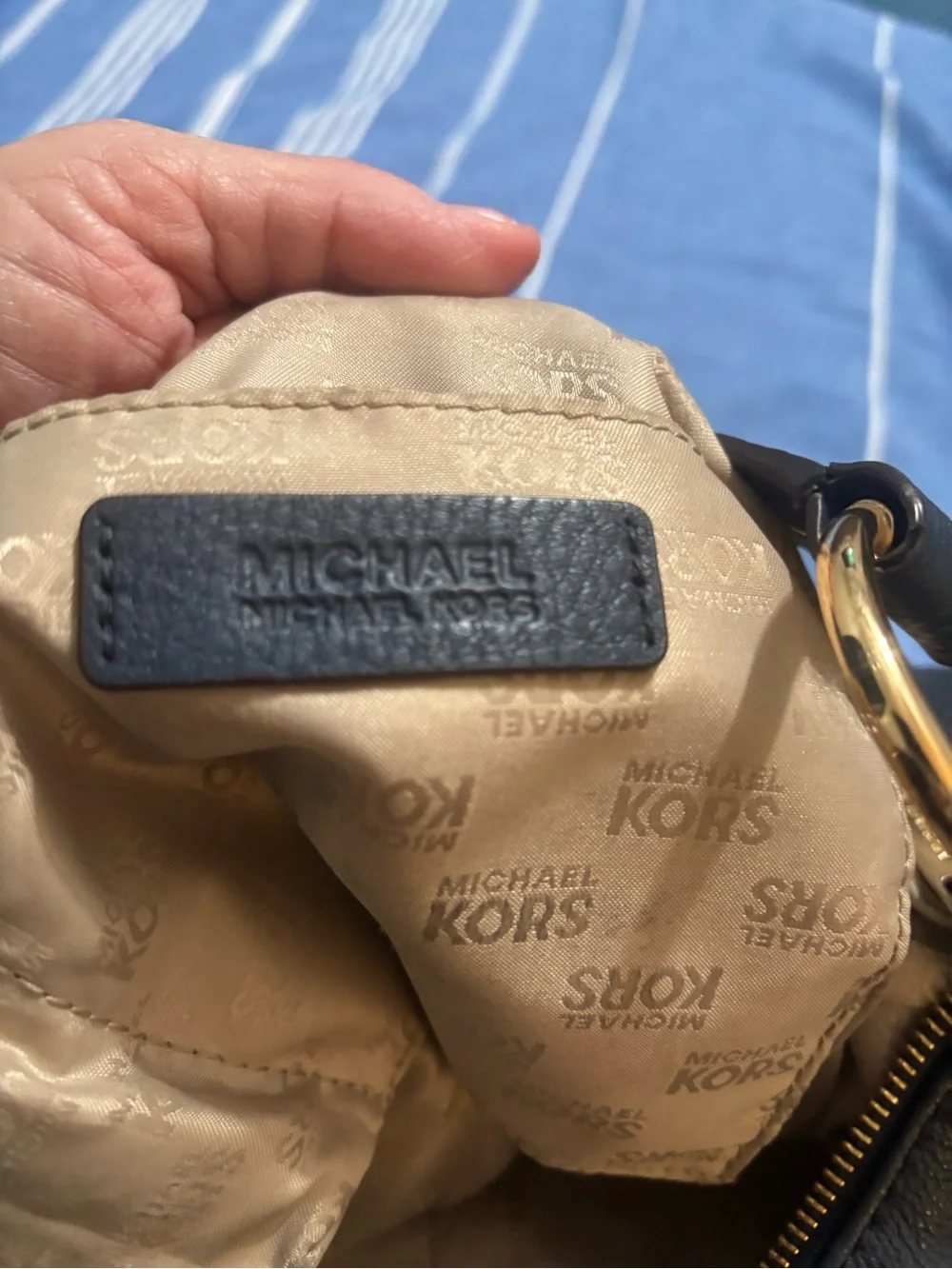 Michael Kors Dark Navy Pebbled Leather Hobo with Gold MK Emblem